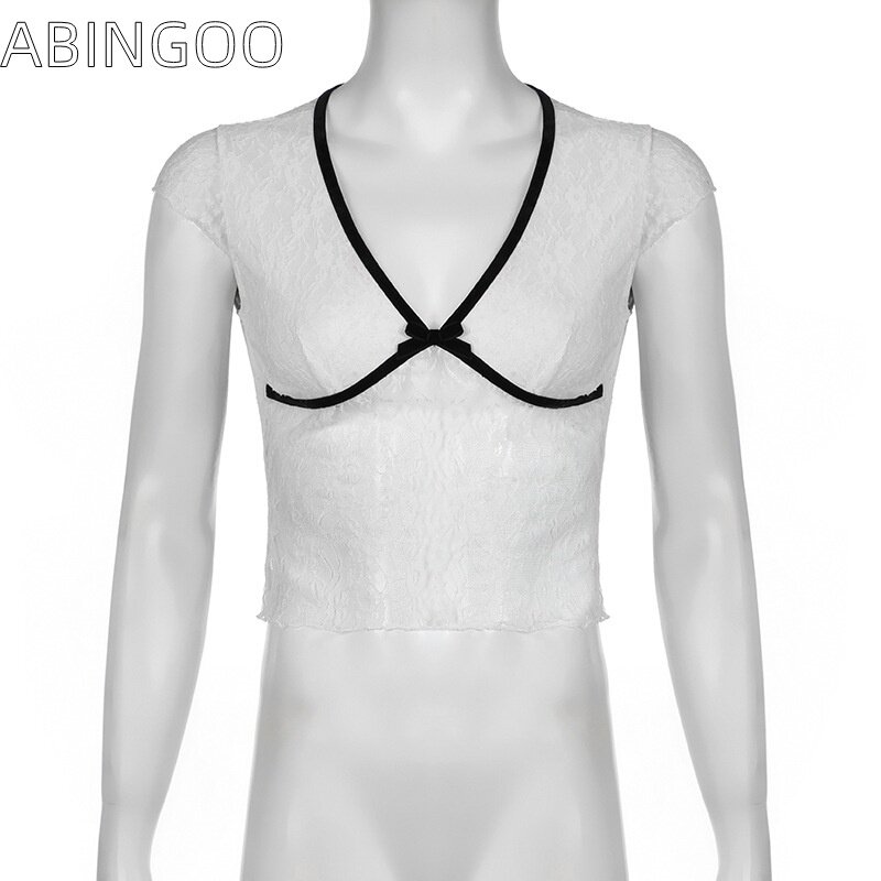 Abingoo-女性用VネックTシャツ,半袖パッチワークトップ,半透明レース,フローラルy2k Tシャツ,女性用半袖Tシャツ