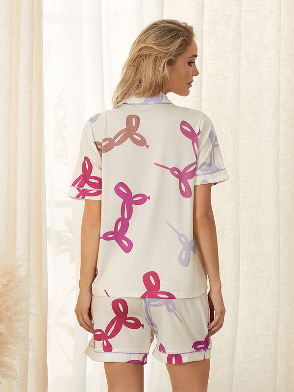 Conjunto de pijama de 2 piezas para mujer, top de manga corta con botones y solapa, pantalones cortos con estampado de patrón, ropa de dormir
