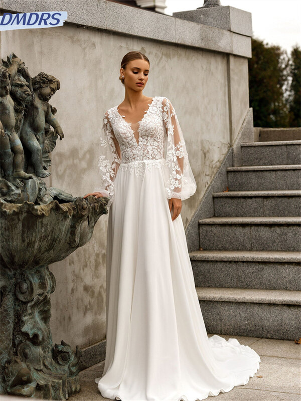 Elegante Applikation Brautkleid charmante tiefe V-Ausschnitt Brautkleid anmutig a-Linie bodenlangen Kleid vestidos de novia