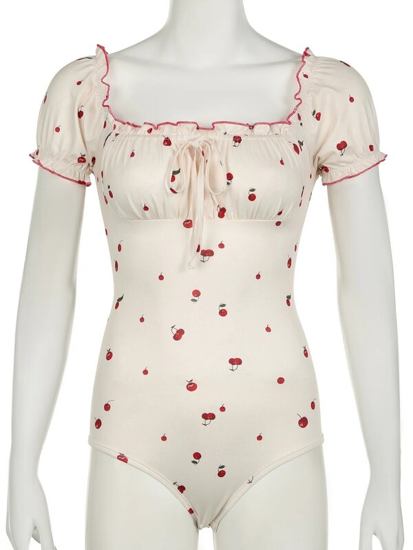 ملابس داخلية من IAMSURE-Sweet Cherries مطبوعة للنساء ، رومبير بدون ظهر ، رباط ، نحيف مثير ، ياقة مربعة ، أكمام قصيرة ، موضة صيفية