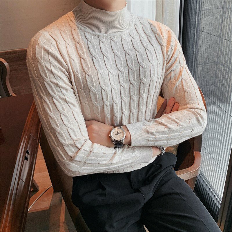Jersey informal de cuello alto para hombre, jersey de manga larga a rayas, estilo coreano, cálido, de punto, S-3XL