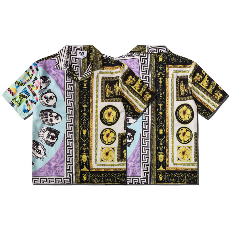 Mode Patchwork Korte Mouw Oversized Hawaiian Strand Shirts Voor Heren Zomer Nieuwe Heren Vintage Etnische Stijl Print Gestreept Shirt