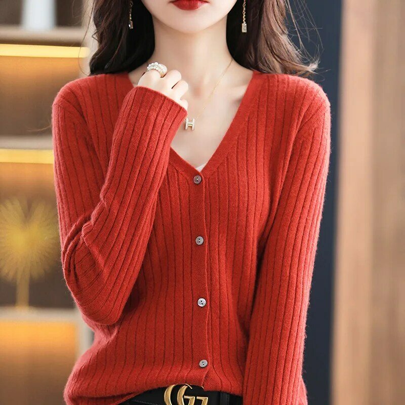 Cárdigan con cuello en V para mujer, suéter de punto suave y glutinoso, de cintura alta, versión coreana, primavera y otoño