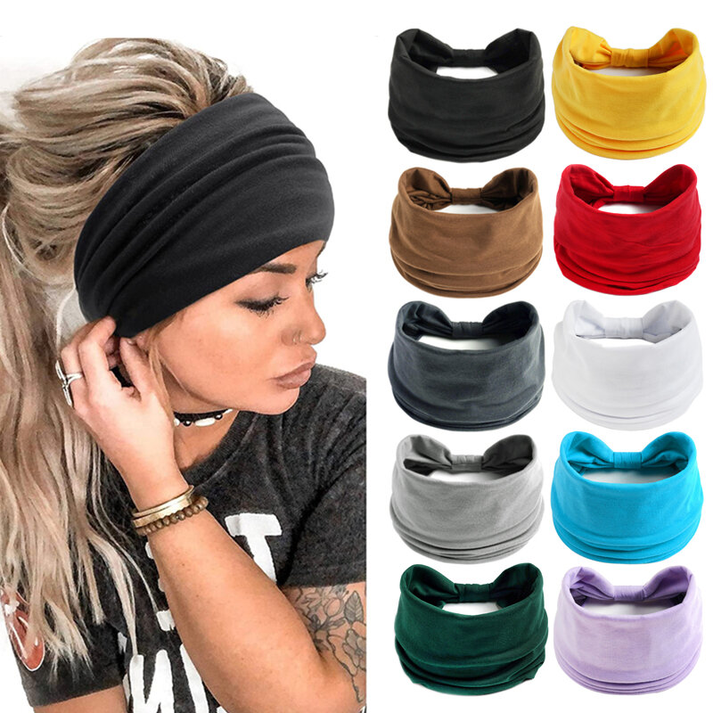Boho Wide Headbands com nó para mulheres, turbante elástico, headwrap para meninas, algodão, bandana macia, acessórios de cabelo vintage, cor sólida, novo