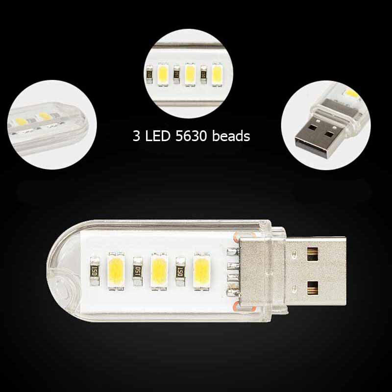 Mini luz LED nocturna portátil, equipo de Camping, alimentación USB, 3 Chips de luz LED, lámpara de 0,2 W, luces nocturnas para libros
