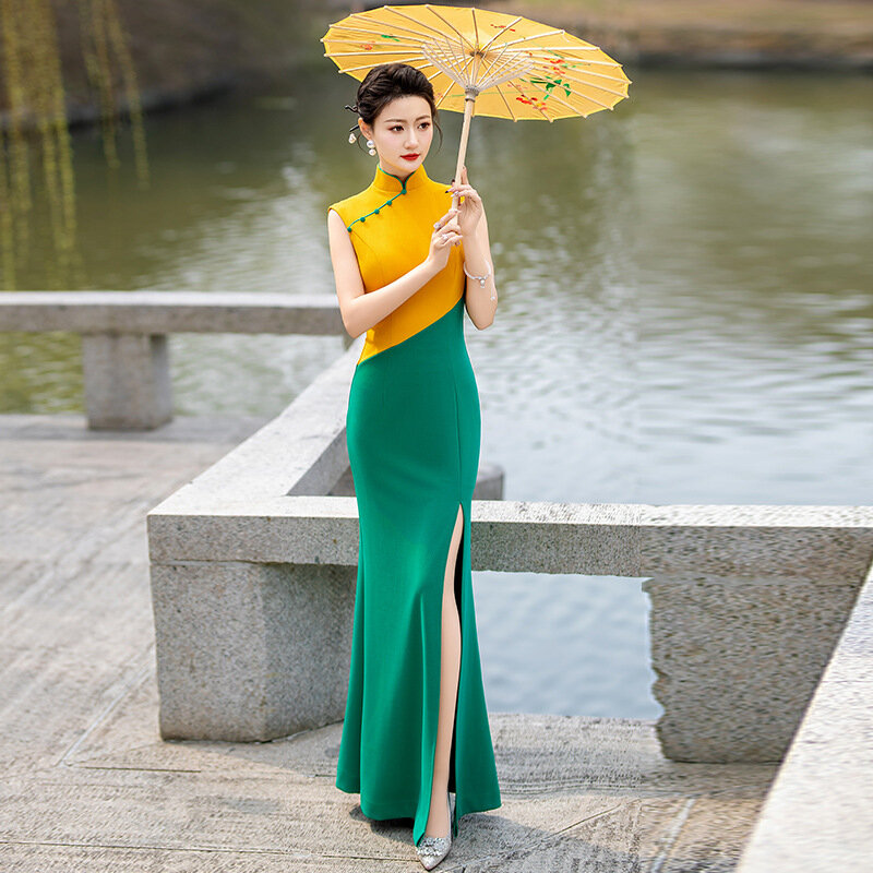 Elegant Chinese Cheongsams Long Evening Party Dress Gown Women Qipao Oversize 4XL 5XL Vestidos Femme Mujer Sexy Perform Qipaos
