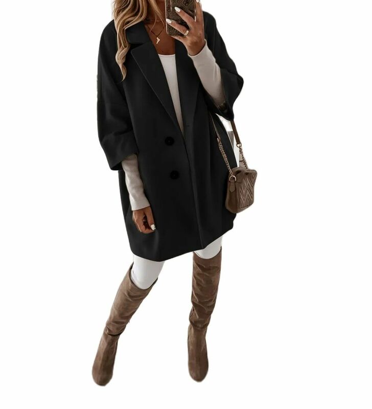Женская осенне-зимняя куртка, новинка 2023, модное однотонное повседневное пальто с рукавами в семь минут, пуговицами, отворотами и карманами
