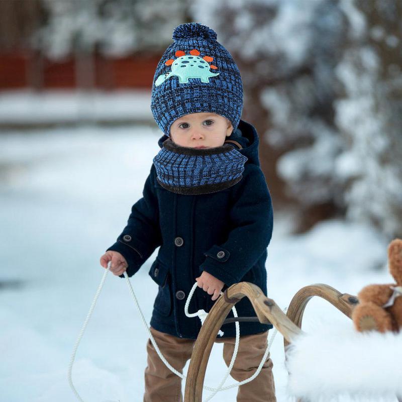 ผ้าพันคอหมวกฤดูหนาวถักด้วยถุงมือชุดฤดูหนาวลายไดโนเสาร์น่ารักผ้าพันคอสำหรับเด็กหญิงเด็กชาย2-8ฤดูหนาว