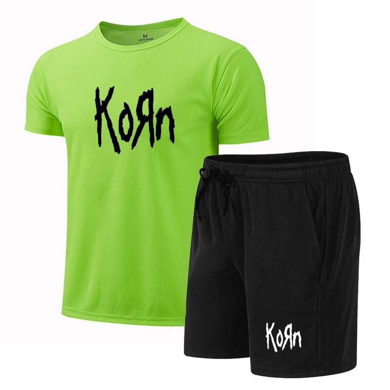 ชุดกีฬาฤดูร้อนของผู้ชายชุดวิ่ง Baju fitnes Korn เสื้อยืด + กางเกงขาสั้นชุดสปอร์ตบรา2ชิ้นระบายอากาศได้ดี
