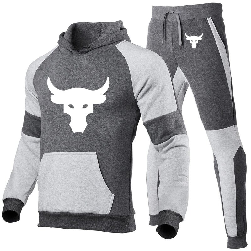 2024 primavera autunno uomo Dwayne Johnson Brahma Bull Tattoo Logo stampato Pullover di alta qualità con cappuccio + pantaloni della tuta set Patchwork