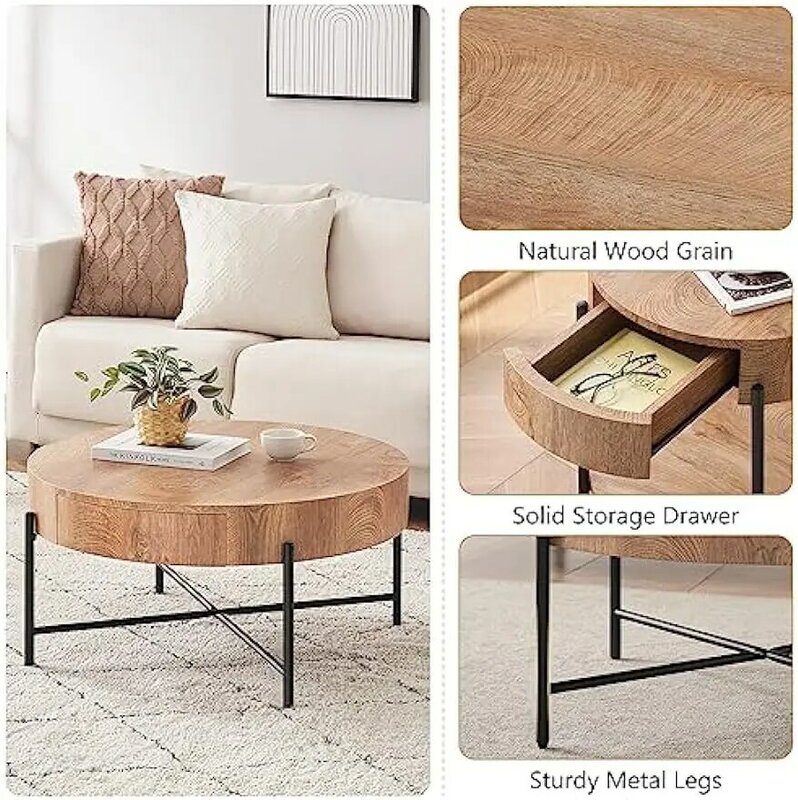 IDEALHOUSE Round Coffee Table Living Room Wood Center Table with Two Drawers Farmhouse Coffee Table Rustic Circle Cocktail
