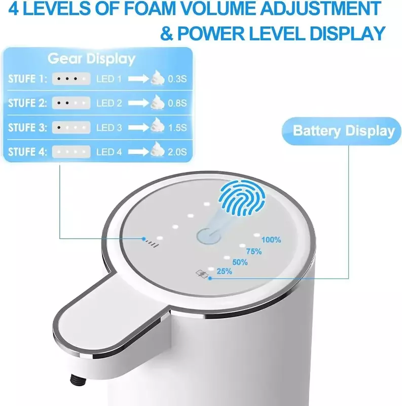 Dispensador automático de sabão touchless, USB recarregável, elétrico, 4 níveis ajustáveis para casa, sabão espumante, 380ml, 2024