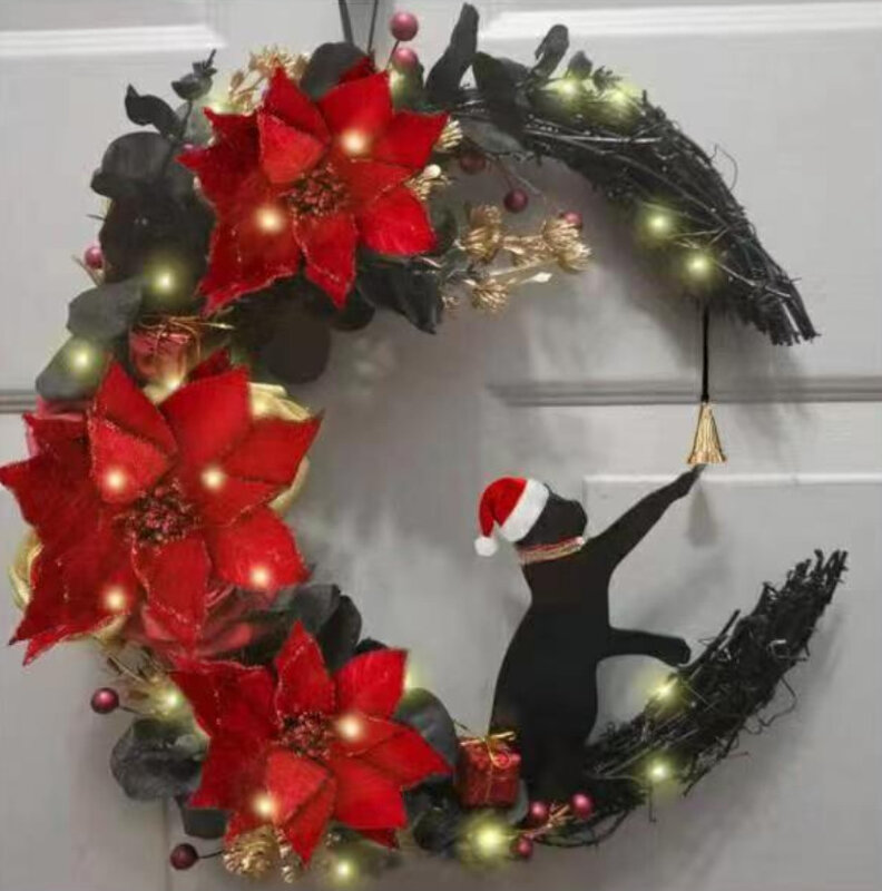 Wieniec świąteczny drzwi wiszące na ścianie wisiorek dekoracyjny w kształcie księżyca kot ma na sobie girlandę z świątecznym kapeluszem suszony kwiat imprezę