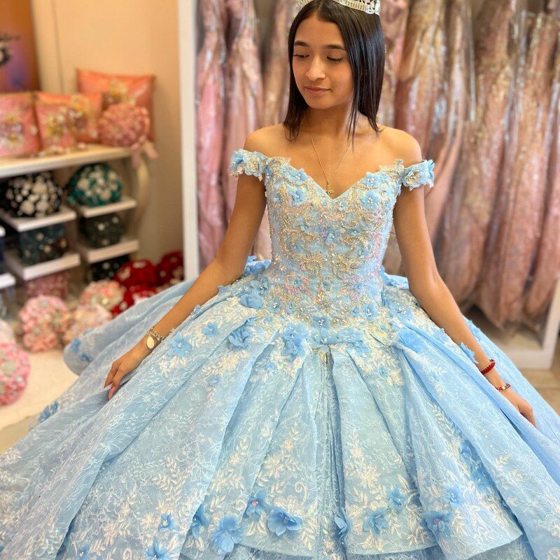 Doymeny-Céu Azul Fora do Ombro Vestido de Baile, Apliques Frisados, Cristal 3D Flower Quinceanera Vestido, Doce Princesa, 16, De15