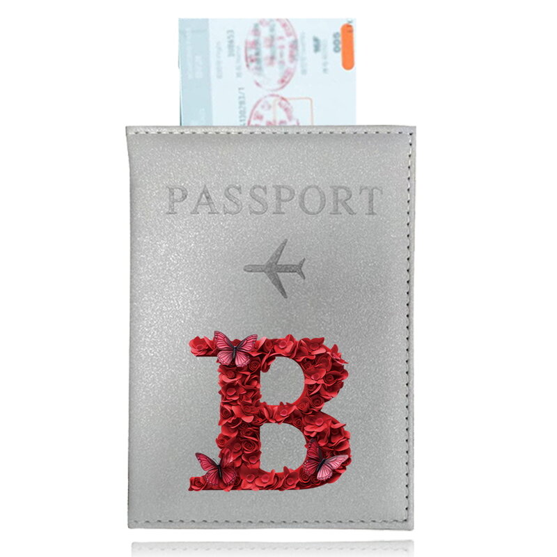 Sarung paspor warna perak PU tempat paspor sampul paspor motif merah mawar penutup Seri ID tempat kartu kredit Aksesori Perjalanan