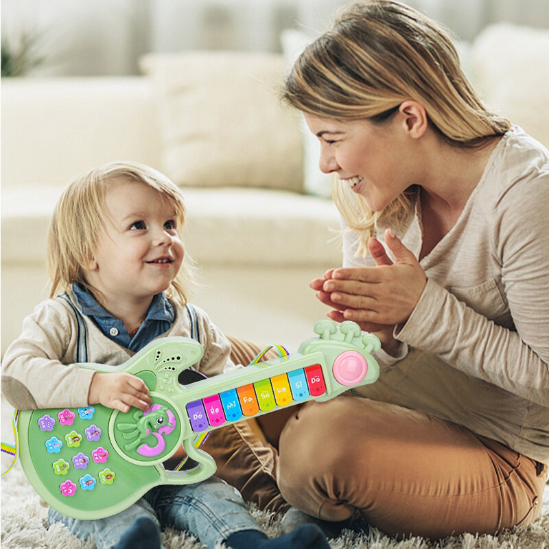 Guitarra de dibujos animados para niños, instrumento Musical multifuncional con música ligera, juguetes de rompecabezas para niños y niñas
