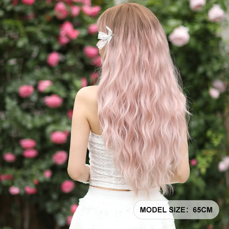 7JHH Peluca de disfraz para mujer, pelo ondulado sintético de alta densidad, color rosa claro con Roost oscuro, cuerpo suelto, fiesta diaria