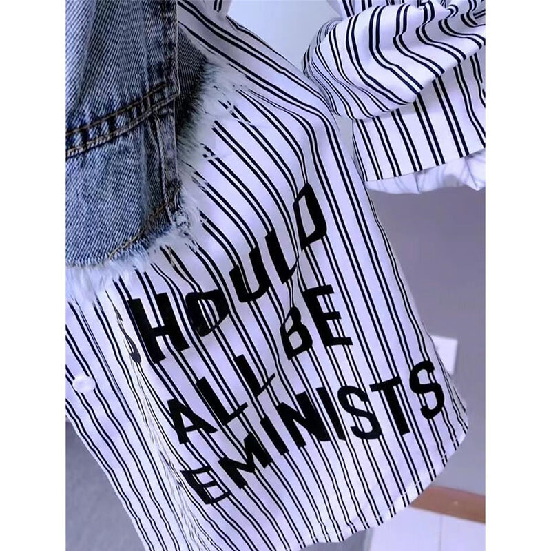 Lente/Zomer 2024 Nieuwe Mode Gestreepte Nep Twee Denim Shirts Dames Design Gevoel Stiksel Vrouwen Jassen Temperament Jas Top
