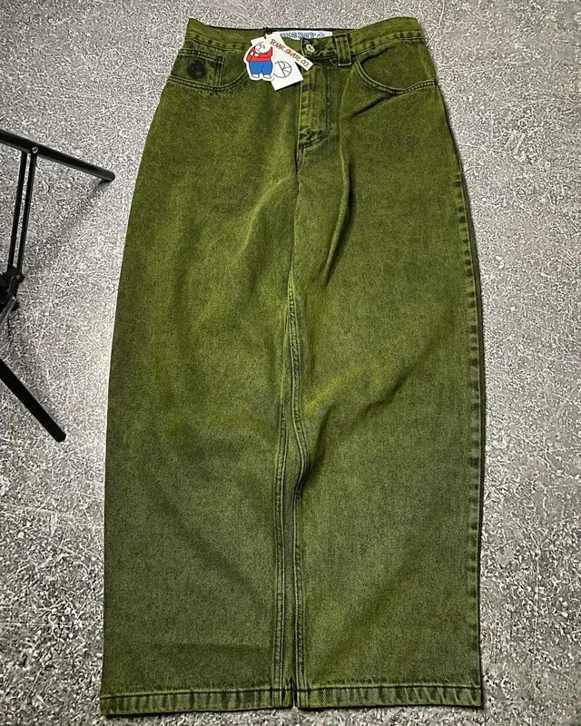 Letnia nowa deskorolka Harajuku kultura polarna Skate Co marka sprana zielone dżinsy męskie luźne spodnie proste męskie jeansy