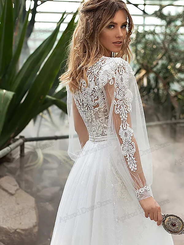 Gaun pernikahan klasik untuk wanita 2024 gaun pengantin terbaru renda applique lengan penuh jubah A-Line elegan Vestidos De Novia
