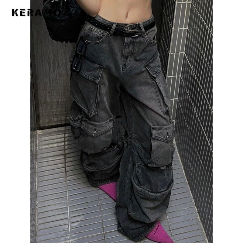 Pantalones vaqueros de cintura alta para mujer, vaqueros de estilo callejero, informales, con bolsillos de los años 2000, holgados, de pierna ancha, estilo Grunge, Y2K