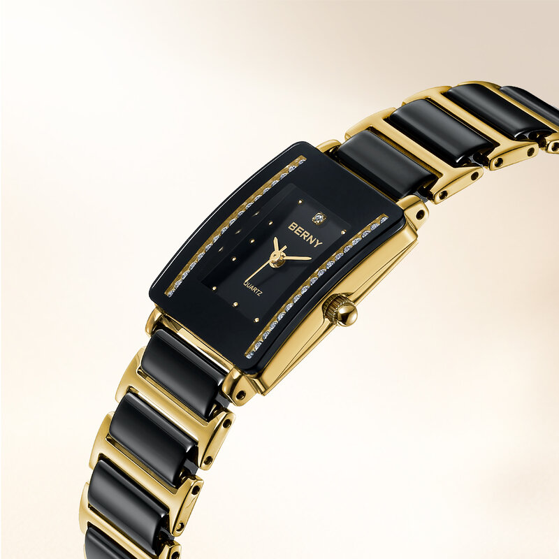 BERNY jam tangan keramik wanita, arloji pasangan persegi panjang modis, gelang mewah Diamon emas, hadiah