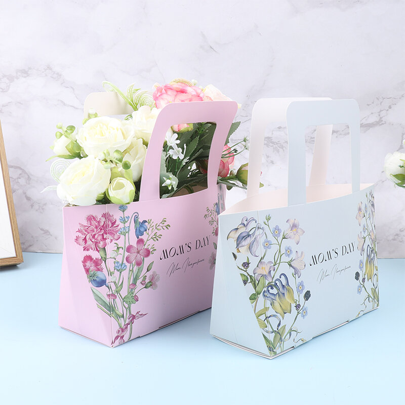 Flower Box Paper Handbag Gift Bag Box With Handle Portable Wedding Party Gift Box Packaging Handy Flower Basket For Wedding