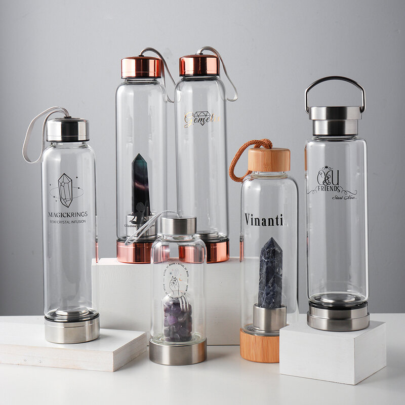 550ML/vari stili cristalli naturali torre colonna bottiglia di acqua di vetro in acciaio inox rimovibile gemma elisir quarzo Drinkware