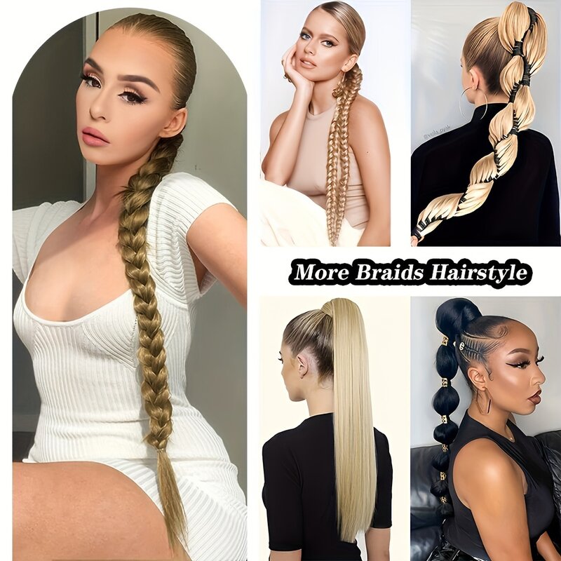 Ponytail Extensions Synthetic Boxing Braids 26 Inch Brown Wrap Around Chignon Tail With Rubber Band Hair Ring Ombre Braid Hair