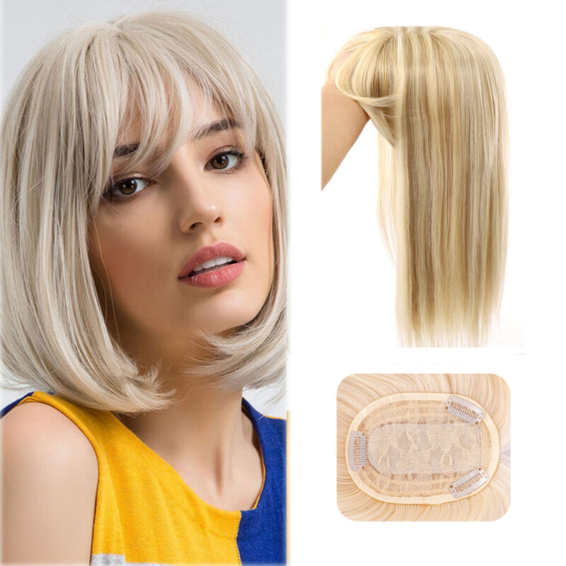 14 "Topper per capelli sintetici Wiglet Hair Enhancer con frangia dritta 3 clip nelle estensioni dei capelli lisci pezzo di chiusura dei capelli
