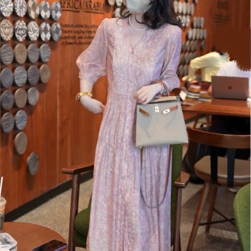 Gaun gaya indah rok warna cetak setelan dua potong ramping bunga elegan