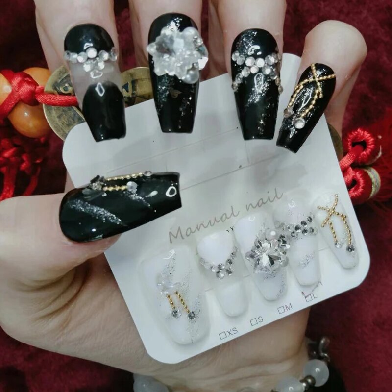 Dual Color Press on Nails para Manicure, Glitter Glue, Snowflake Diamonds, Gold Wire Chains, Decorado Unhas Postiças, Preto e Branco