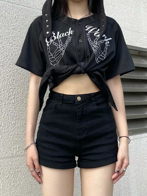 Deeptown Y2K Vintage Blouse Women Harajuku Kpop Oversized Crop Tops Grunge Skull Irregular Short Sleeve Shirts Gothic Streetwear