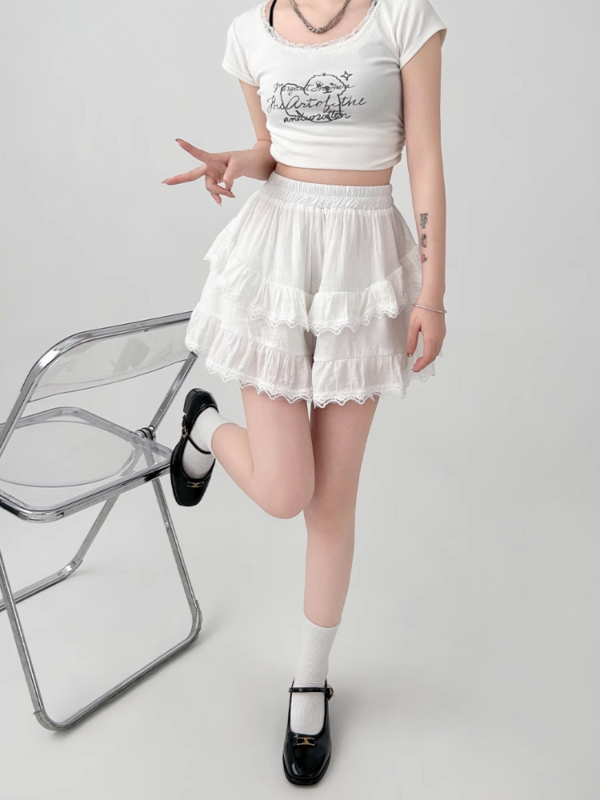 Mini jupe en dentelle patchwork taille haute pour femme, ligne trapèze douce coréenne irrégulière, style preppy fille mignonne, blanc, été