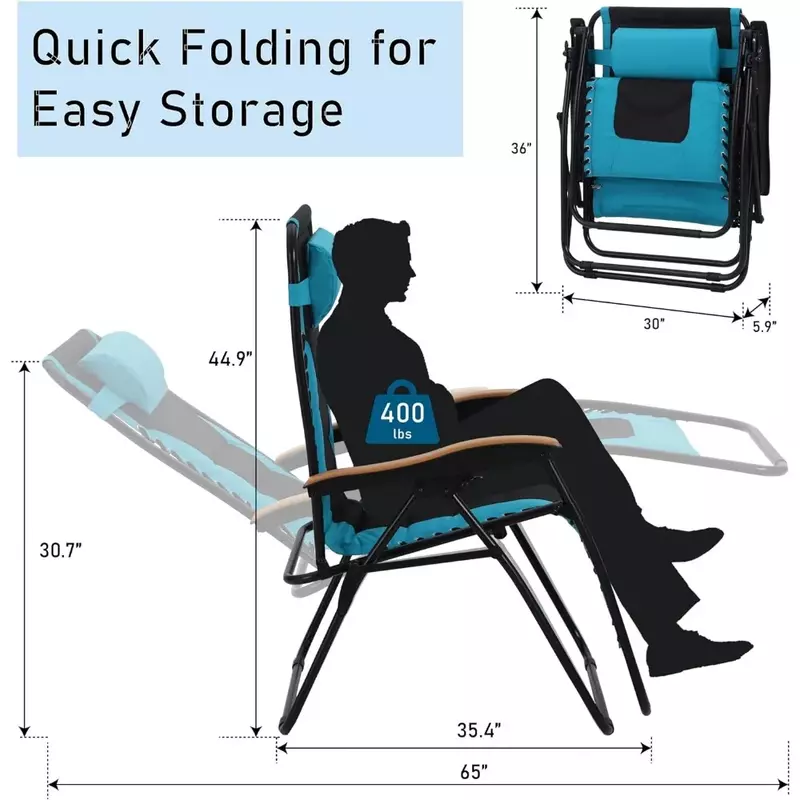 Camping Chair Foldable Patio Recliner Support 400 LBS Lounge Chairs Oversized Padded Zero Gravity Chair Beach Outdoor Furniture