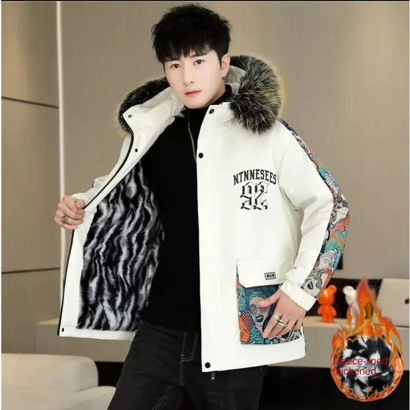 Mens Winter New Down Jackets Mens Casual Thicken Fleece Fur Collar Print Parkas Coats High Quality Outdoor Hooded Warm Outwear