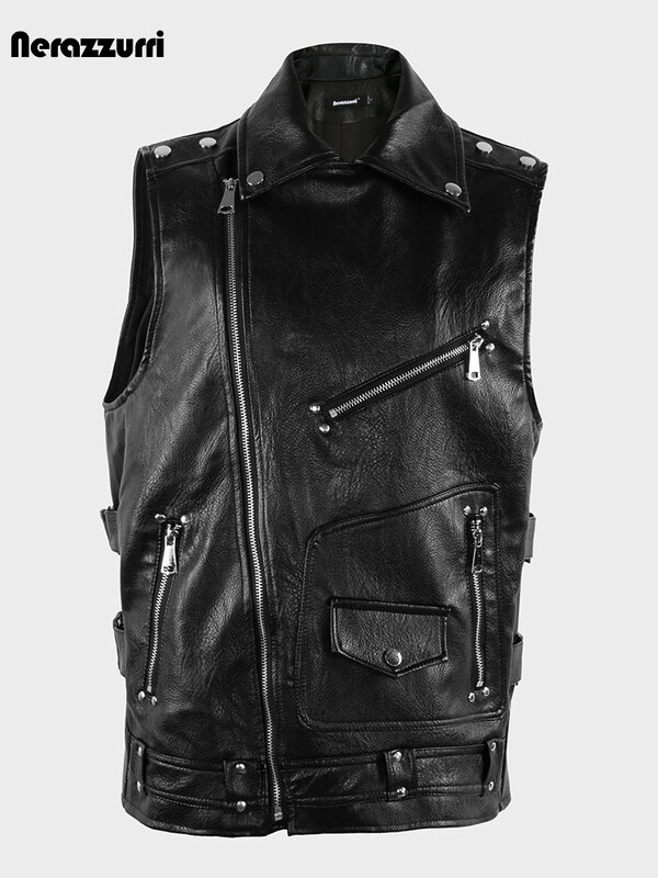 Nerazzurri Spring Autumn Cool Black Pu Leather Vest Women Plus Size Sleeveless Biker Jacket High Quality Unisex Clothes Men 2024
