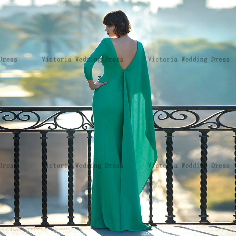 Элегантное зеленое платье для матери невесты, платье с V-образным вырезом и рукавом 3/4 для свадебной вечеринки, платье до пола с разрезом спереди и юбкой-годе