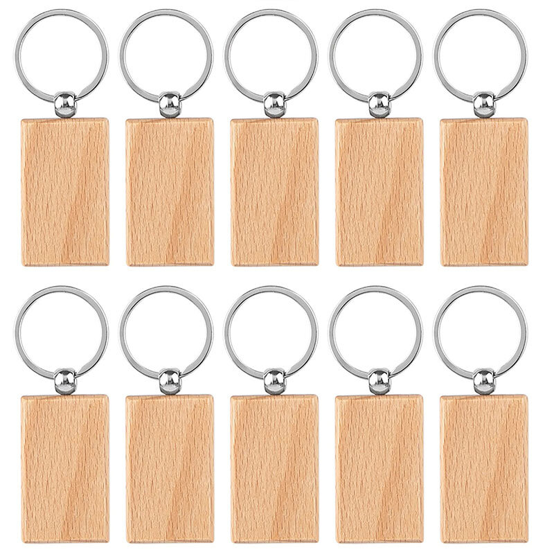 100 buah gantungan kunci kayu persegi panjang kosong Swakarya gantungan kunci kayu tag kunci dapat mengukir hadiah Diy