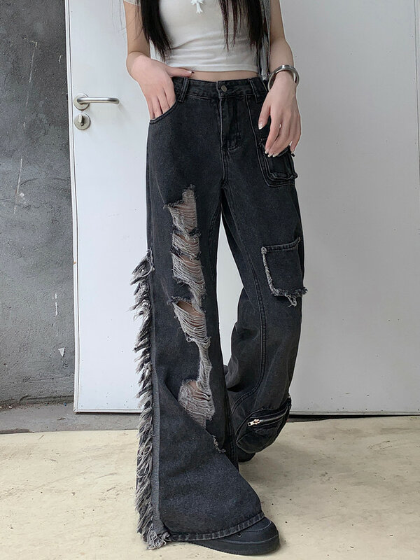2024 Ropa Grunge Y2K Streetwear Black Baggy Ripped Stacked Flare Jeans Pants For Women Clothes Straight New Rock Lady Trousers