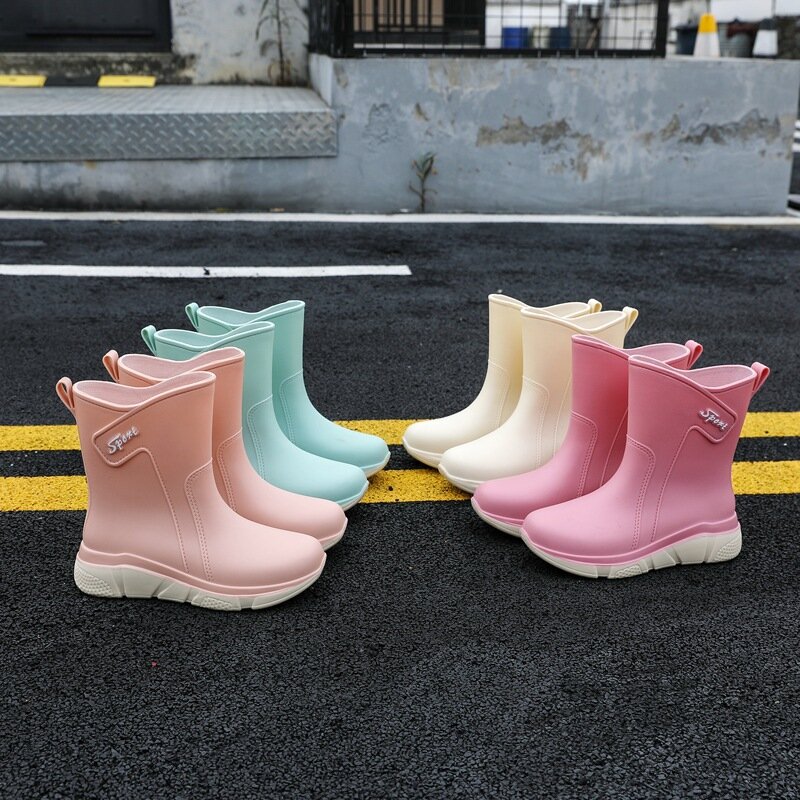 Fashion Rain Shoes Women Mid Tube Anti Slip Durable Rain Boots Lady Kitchen Car Wash Student Waterproof Thick Sole Water Shoes
