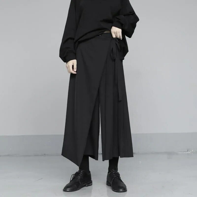 Deeptown-pantalones de falda negros plisados para mujer, pantalón holgado Vintage Harajuku de retales, ropa de calle japonesa Y2k, estilo de pierna ancha