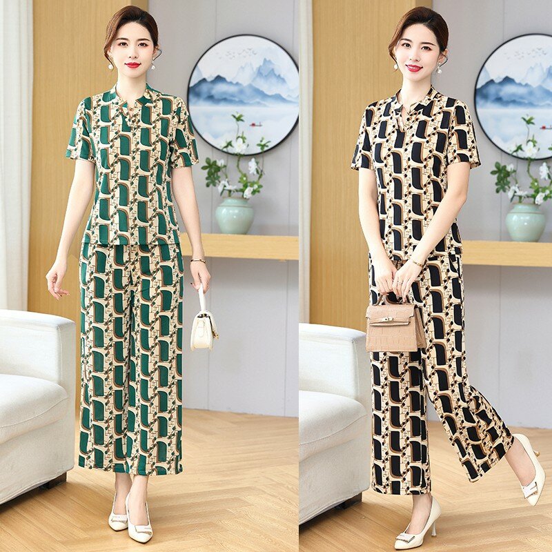 Summer Wide Leg Pant Sets Korean Style Elegant Two Piece Set Women Outfit New Casual Vintage Print Summer Woman Clothing