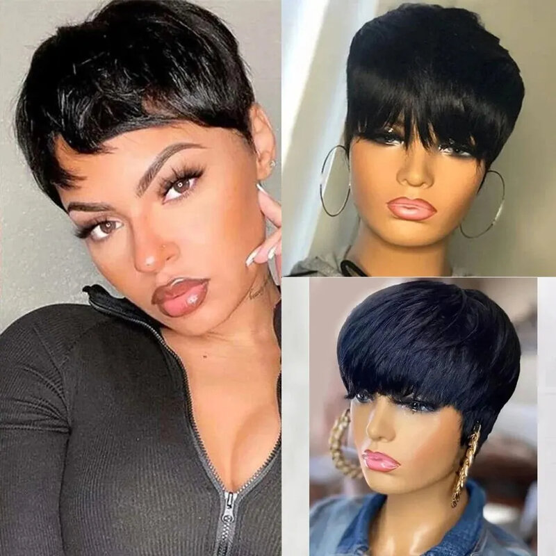 Pixie Cut 100% Full machine Human Hair Wig with Bangs for Women Short Layered Human Hair Brazilian Natural Black Hairs Cheap Wig