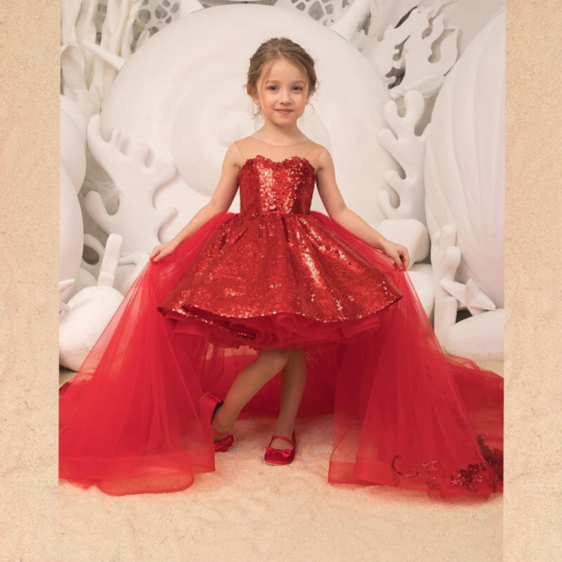 Sleeveless Sequins Shiny Flower Girl Dress Embroidery Appliques Wedding Birthday Party Dress for Kids Tulle Red First Communion