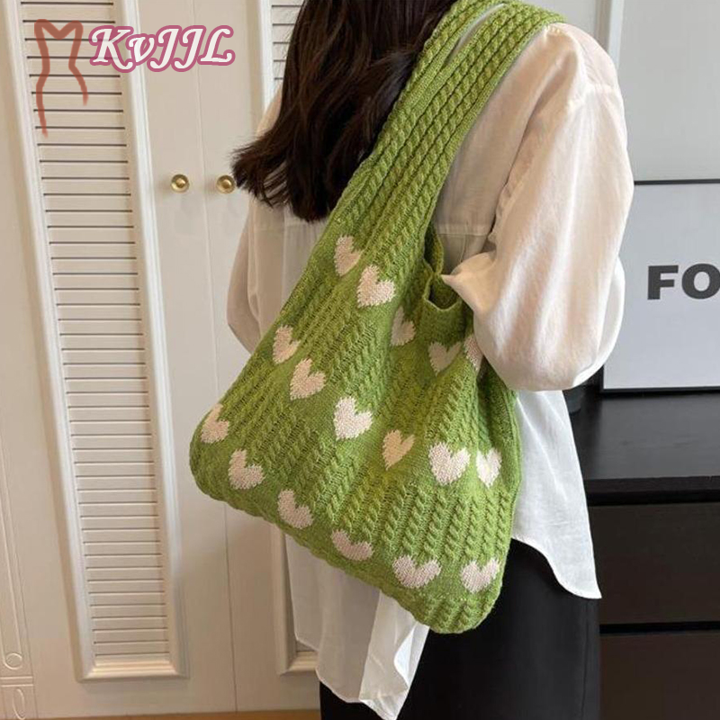 Bolsa de ombro tricotada em forma de coração para mulheres, bolsa de grande capacidade, bolsa casual feminina, outono e inverno