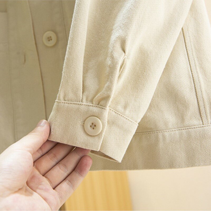 Jaket ukuran besar wanita pakaian musim gugur 2023 mantel katun dicuci sederhana warna Solid kasual pakaian luar saku besar