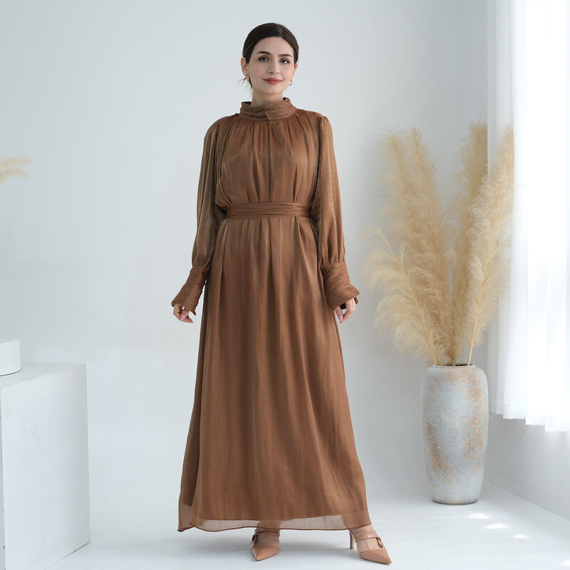 Muslimische einfarbige glänzende Kleid Abaya Frauen Langarm hohe Taille lange Maxi kleid Dubai Kaftan Truthahn Party kleid islamische Vestido