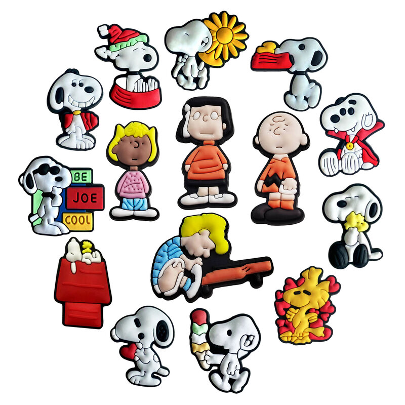 Aksesori sepatu kartun Snoopy, 15 buah/set, aksesori sepatu, dekorasi sepatu, Sandal bakiak, gesper, hadiah pesta liburan anak-anak
