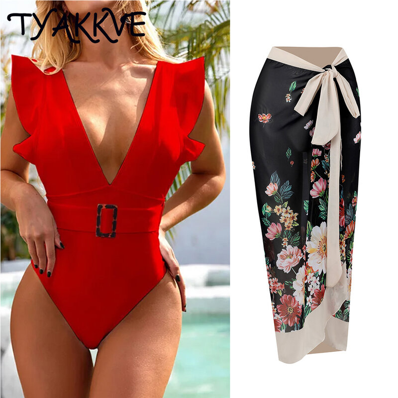 TYAKKVE – maillot de bain une pièce, col en V, à volants, noir, Monokini, échancré, Bikini, vêtements de plage, tendance 2022